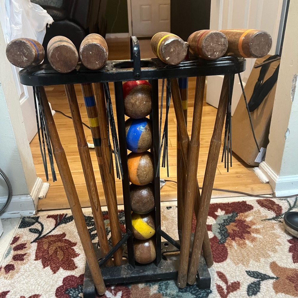 Vintage Wooden Croquet Set with Multicolor Balls